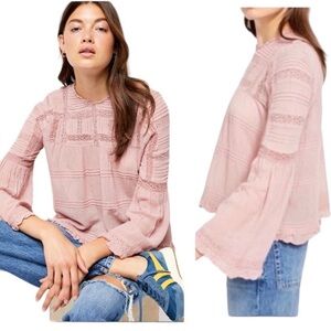 Free People Olivia Peony Pink Lace Eyelet Crinkle Bell Sleeve Blouse - S